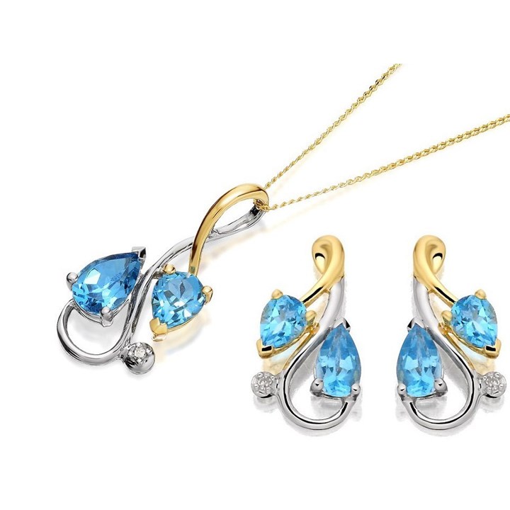 9ct Two Colour Gold Blue Topaz And Diamond Stud Earring And Pendant Set - GS0684