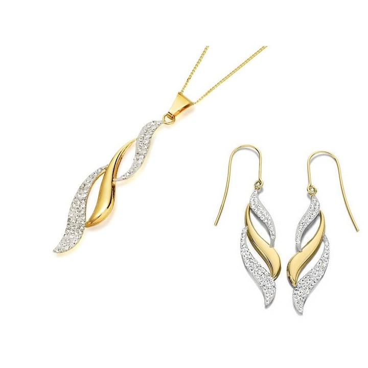 9ct Gold Crystal Triple Flame Hook Wire Earring And Pendant Set - GS1025