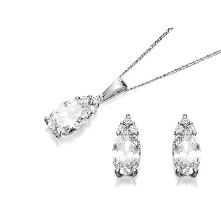 9ct White Gold Cubic Zirconia Pear Cluster Earring And Pendant Set - GS3251