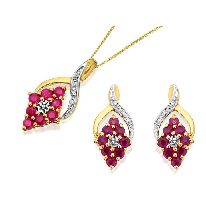 9ct Gold Ruby And Diamond Cluster Earring And Pendant Set - GS9454