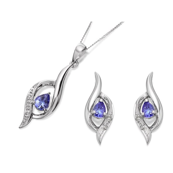 9ct White Gold Tanzanite And Diamond Stud Earring And Pendant Set - GS9472