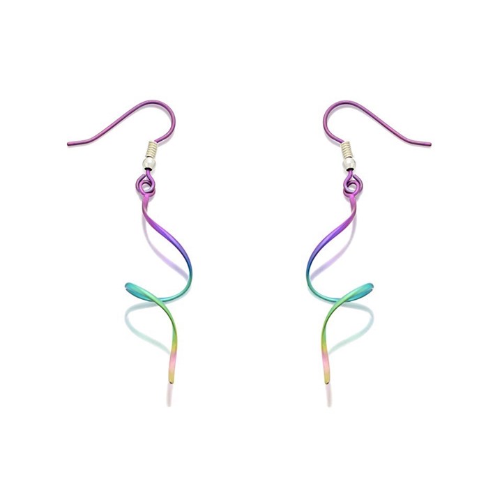 Ti2 Titanium Rainbow Spiral Hook Wire Earrings - 57mm drop - J19504