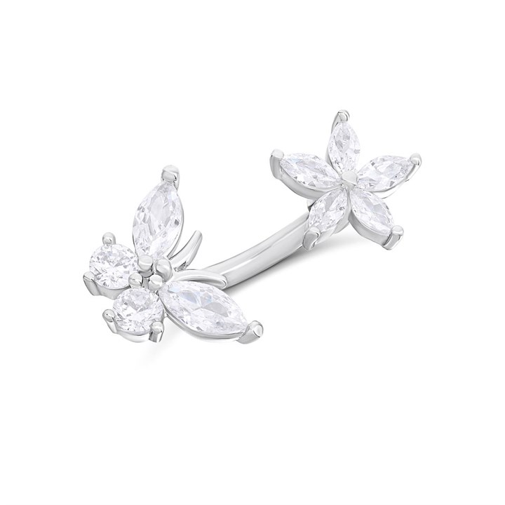 Steel Flower And Butterfly Crystal Belly Bar - J3508