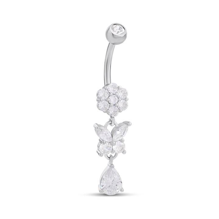 Silver Crystal Cluster Butterfly Pear Drop Belly Bar - J3513