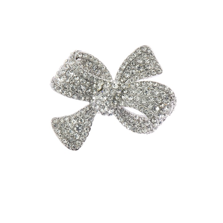 Silver Tone Clear Stone Bow Brooch - J5415