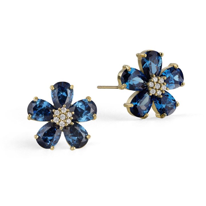 Rotary Stainless Steel Gold Tone Blue Floral CZ Stud Earrings. - J6517