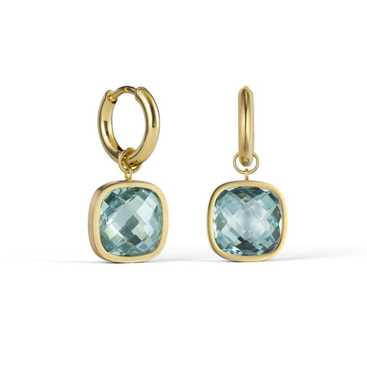 Rotary Stainless Steel Gold Tone Blue CZ Huggie Drop Earrings. - J6518