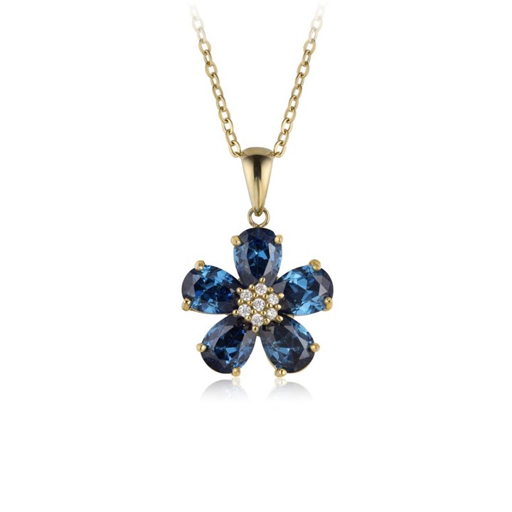 Rotary Stainless Steel Gold Tone Blue Floral CZ Necklace. - J6526