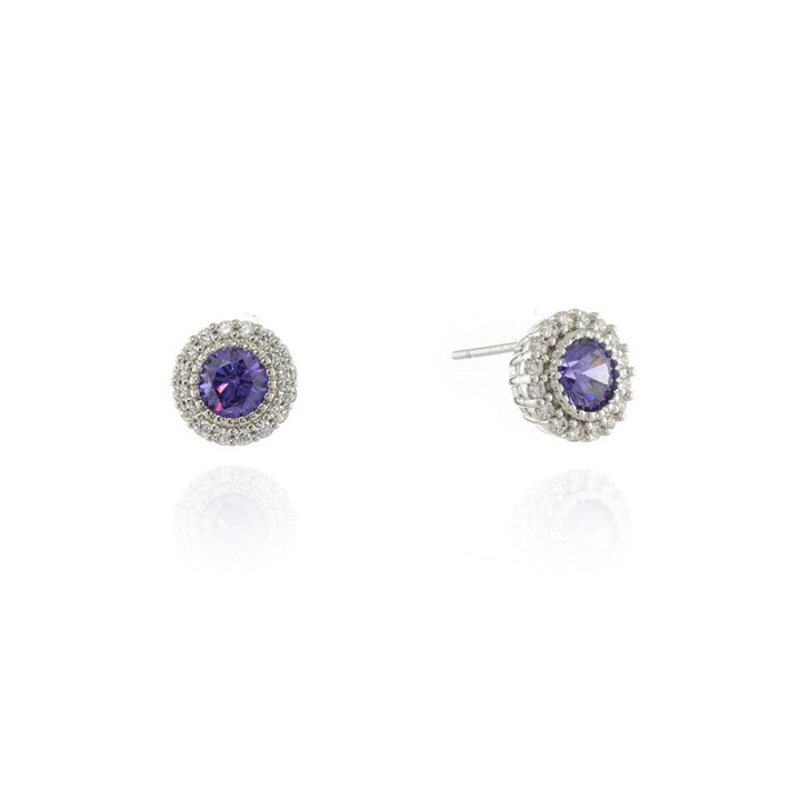 Cachet Silver Tone Purple And Clear CZ Stud Earrings - J74206