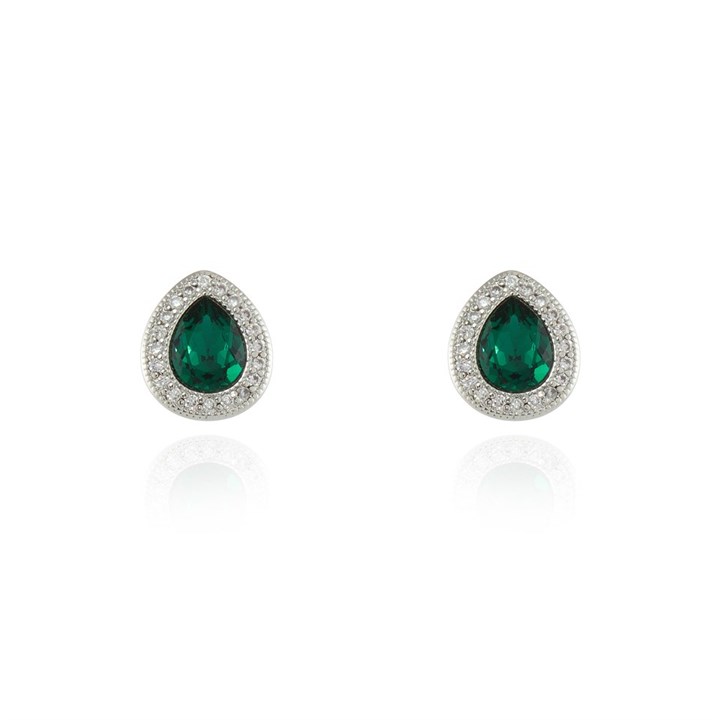 Cachet Silver Tone Green And Clear CZ Teardrop Stud Earrings - J74210
