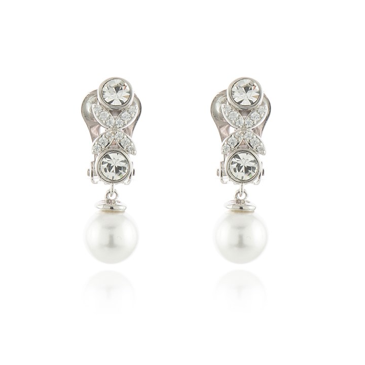 Cachet Silver Tone Petra CZ and Imitation Pearl Clip Earrings - J74242