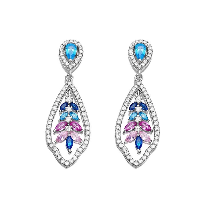 Briolette Silver Multi Cubic Zirconia Drop Earrings - J77130