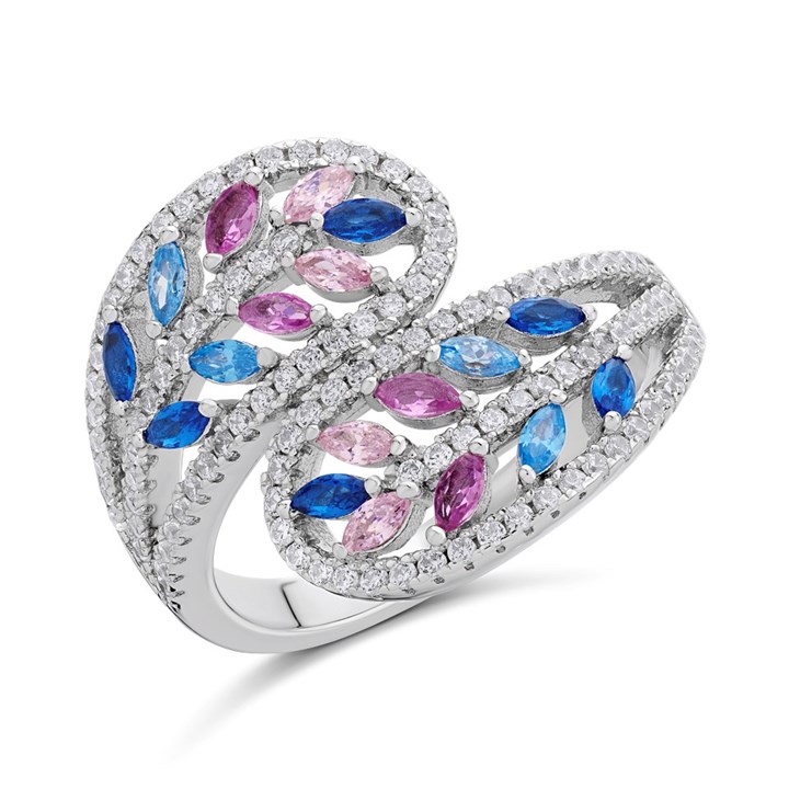 Briolette Silver Cubic Zirconia Crossover Band Ring - J77161