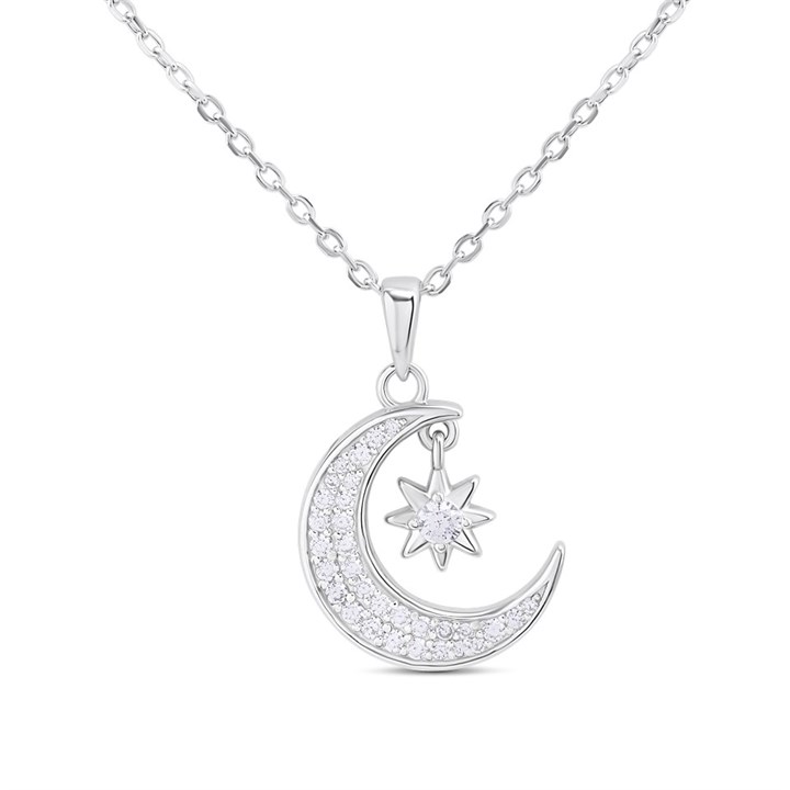 Briolette Silver CZ Moon And Star Necklace - J77186