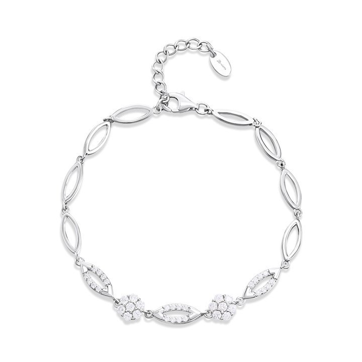 Briolette Silver CZ Flower And Oval Links Bracelet - J77204