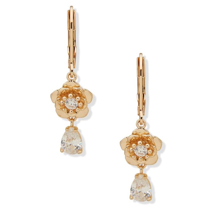 Anne Klein Gold Tone Crystal Flower Drop Earrings - J78383
