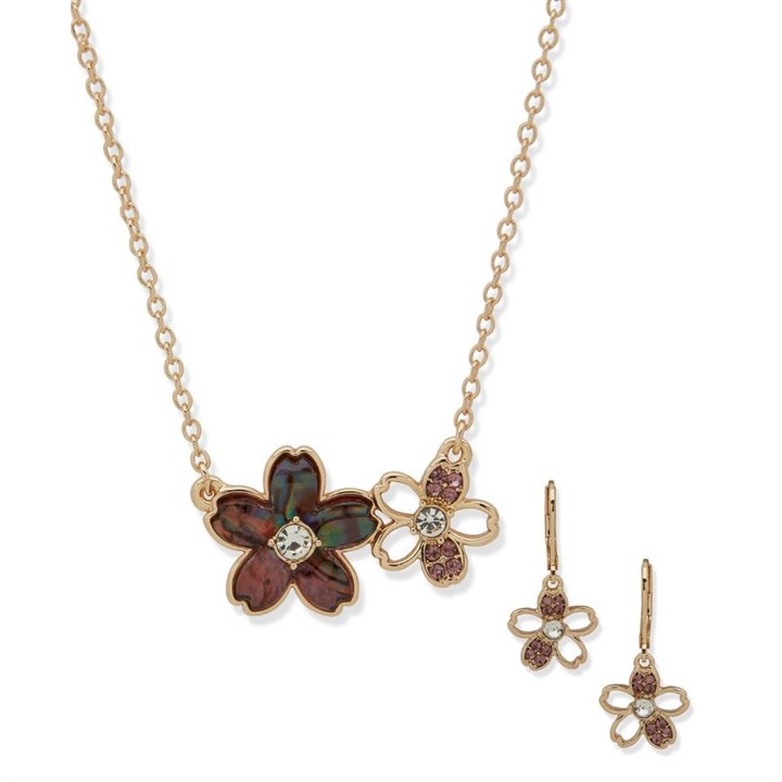 Anne Klein Gold Tone Flower Necklace and Earrings Set - J78422