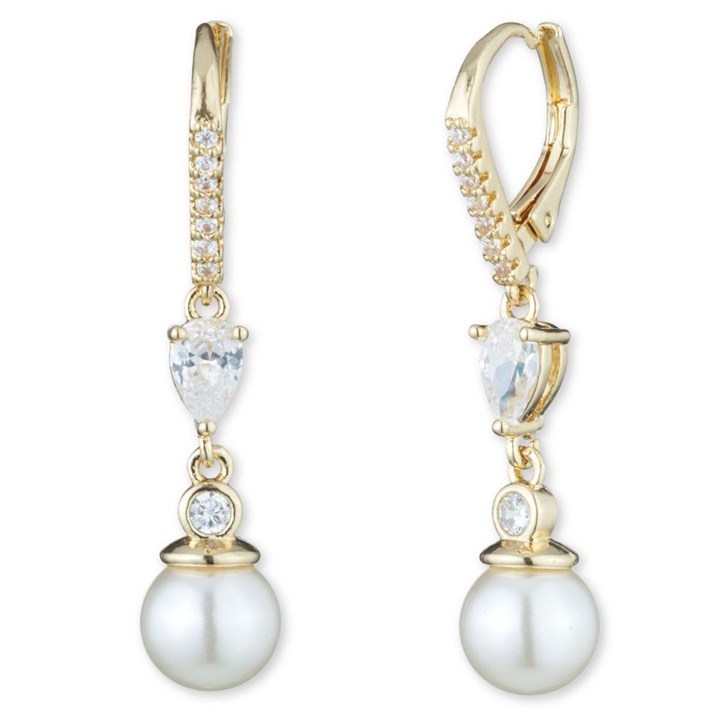 Anne Klein Gold Tone Imitation Pearl and CZ Drop Earrings - J78427