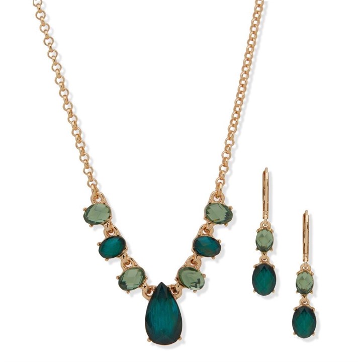 Anne Klein Gold Tone Green Earrings And necklace Set - J78432