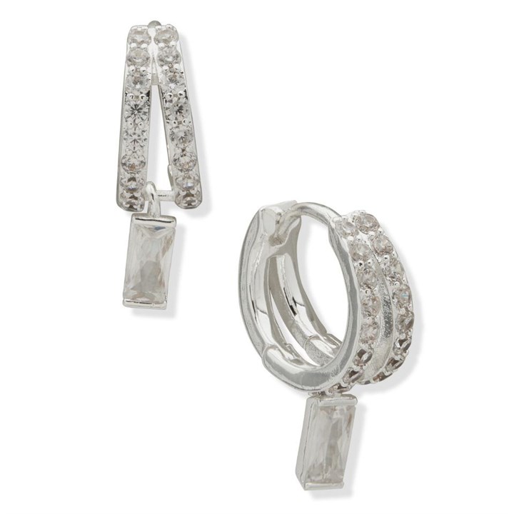 Anne Klein Silver Tone Cubic Zirconia Huggie Drop Earrings - J78443