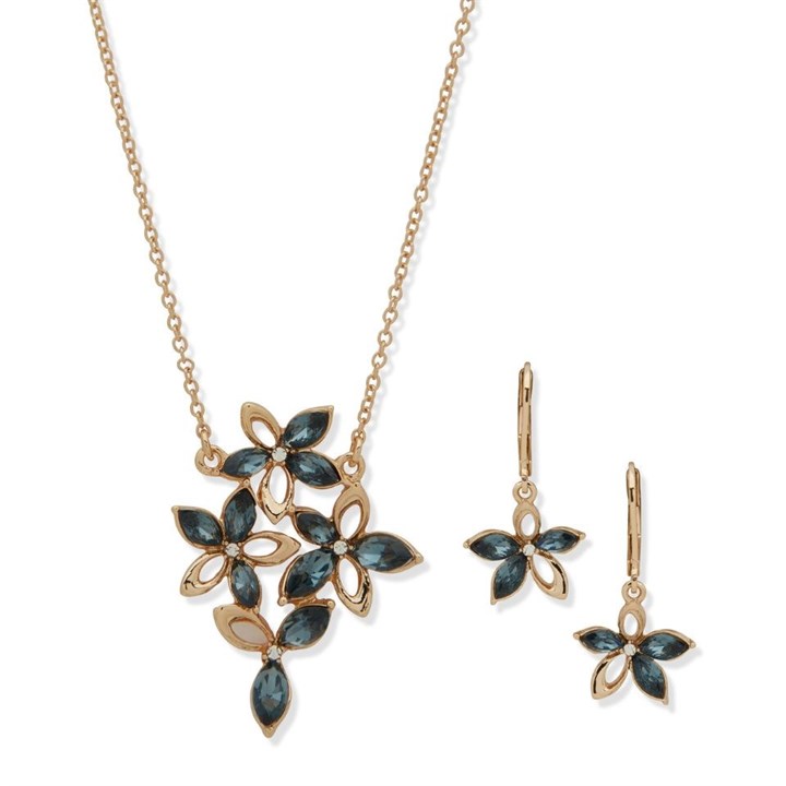 Anne Klein Gold Tone Crystal Blue Necklace And Earrings Set - J78446