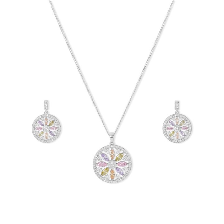 Crystal Allure Pastel CZ Flower Necklace And Earrings Set - J79130