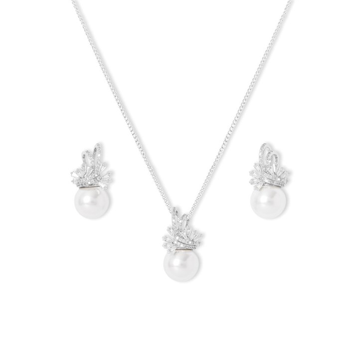 Crystal Allure  CZ and Imitation Pearl Necklace And Earrings Set - J79131
