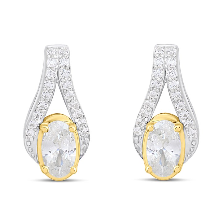 Night & Day Silver And 9ct Gold Oval Halo CZ Earrings - M0107