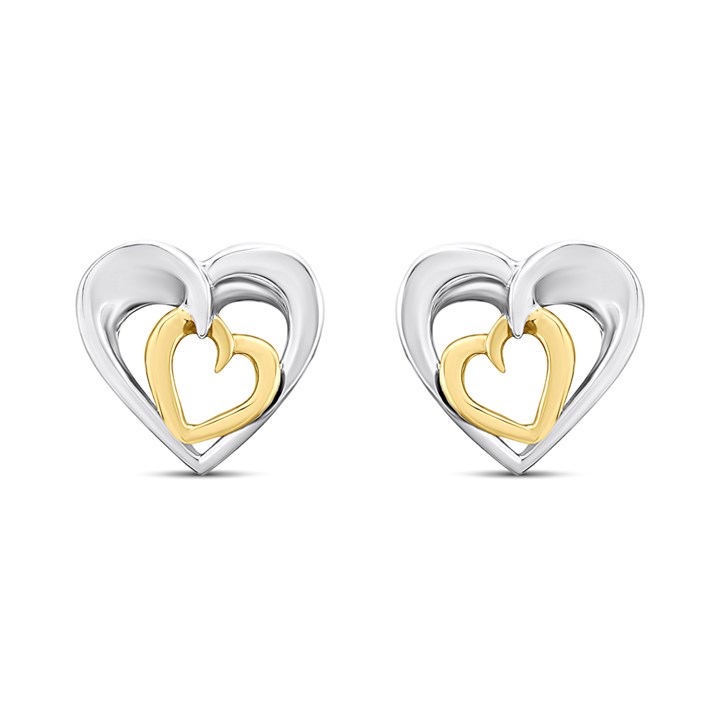Night & Day Silver And 9ct Gold Double Heart Stud Earrings - M0180