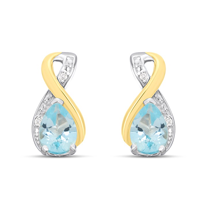 Night & Day Silver And 9ct Gold Lab Grown Diamond And Blue Topaz Stud Twist Earrings - M0201