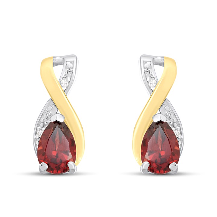 Night & Day Silver and 9ct Gold Lab Grown Diamond Accent Garnet Stud Twist Earrings - M0202