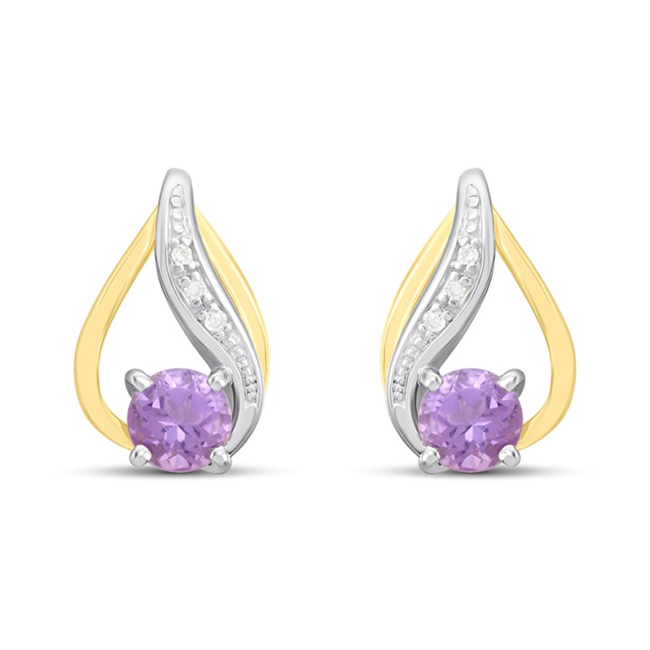 Night & Day Silver And 9ct Gold Lab Grown Diamond And Amethyst Teardrop Stud Earrings - M0203