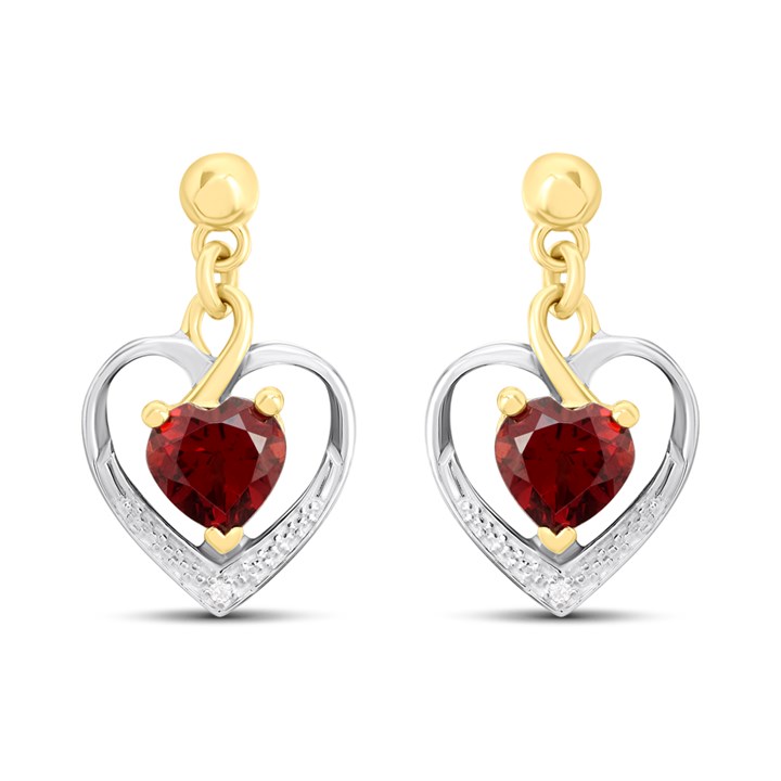 Night & Day Silver And 9ct Gold Lab Grown Diamond Accent Garnet Heart Drop Earrings - M0801
