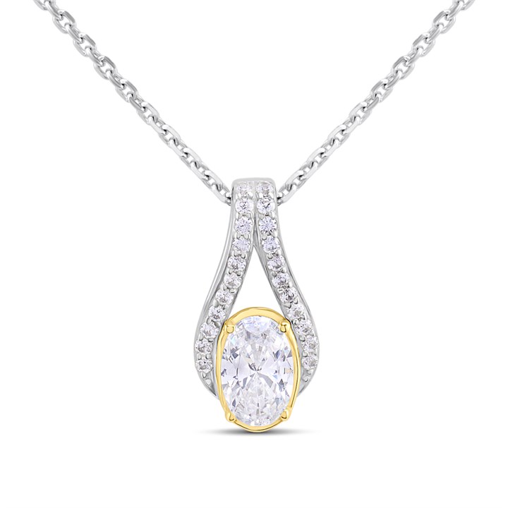 Night & Day Silver And 9ct Gold Oval Halo CZ Necklet - M1407