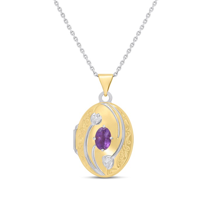Night & Day Silver and 9ct Gold 19mm Amethyst Oval Locket And Chain - M1481