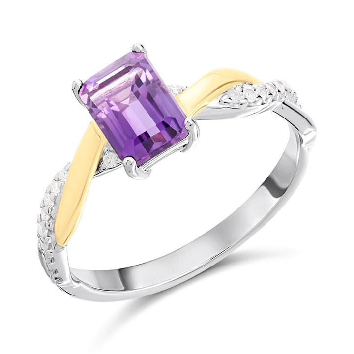 Night & Day Silver And 9ct Gold Lab Grown Diamond And Amethyst Emerald Cut Ring - M1801