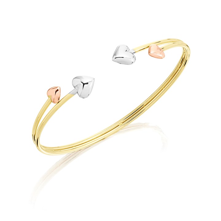 AUREUS Sterling Silver & 9ct Bonded Gold Three Colour Heart Bangle - M3531