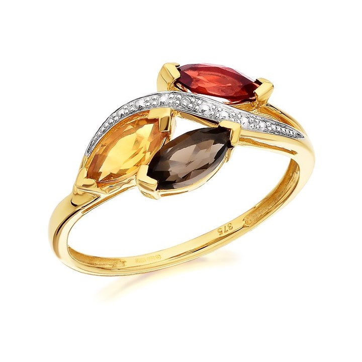 9ct Gold Garnet, Smoky Quartz, Citrine And Diamond Ring - EXCLUSIVE - R0901