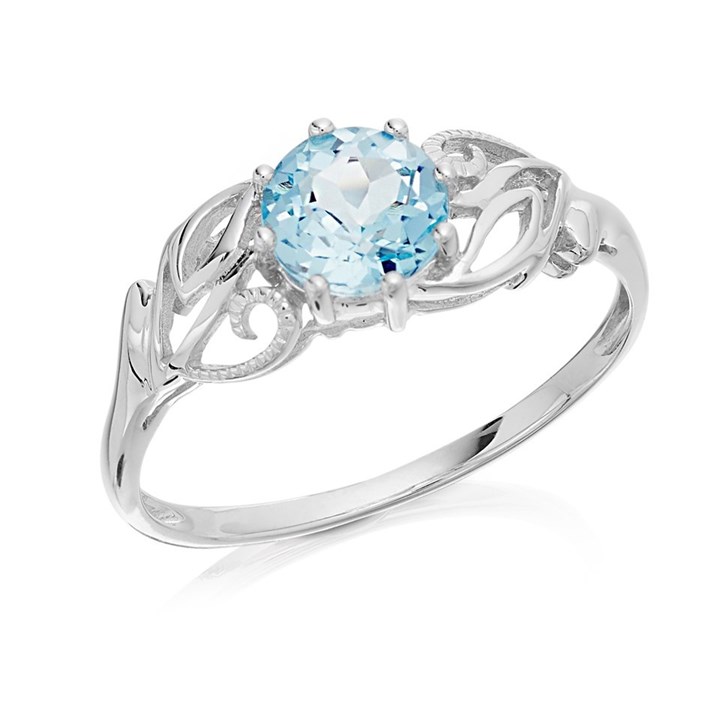 9ct White Gold Blue Topaz Leaf Scroll Ring - R0942