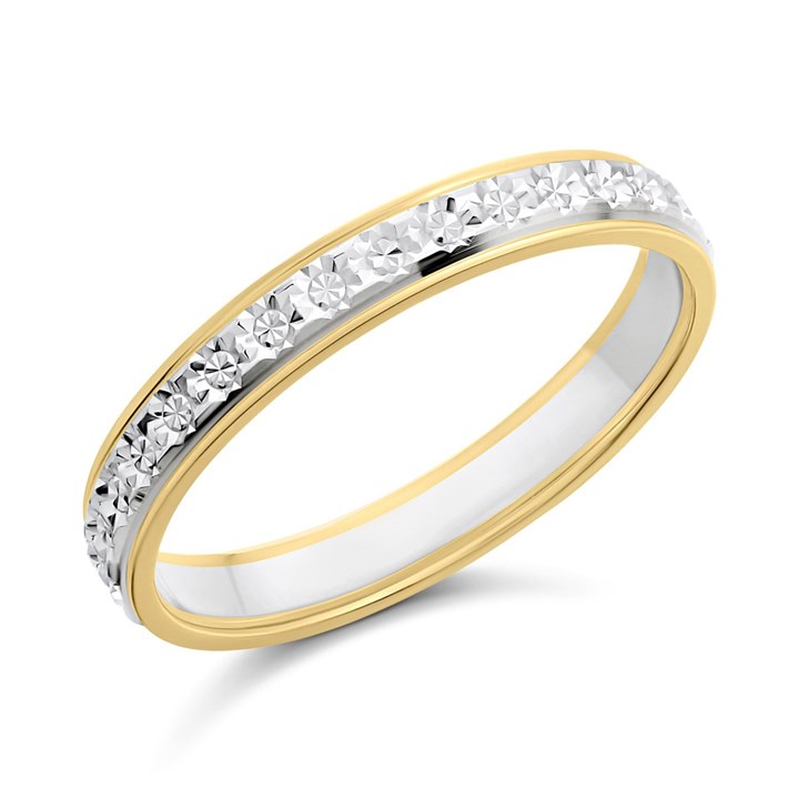 9ct Two Colour Gold Diamond Cut Wedding Ring - 3mm - R1613