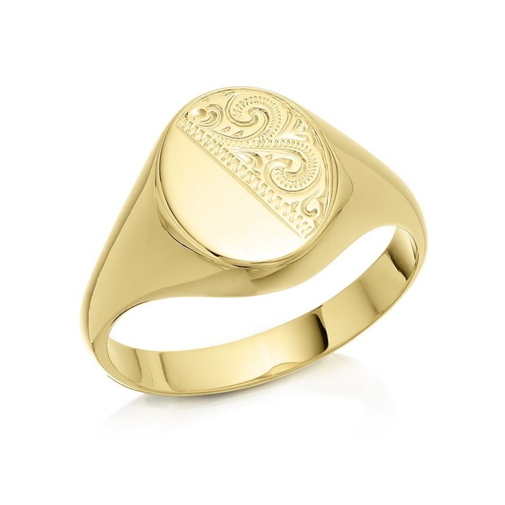 9ct Gold Engraved Oval Signet Ring - R3344