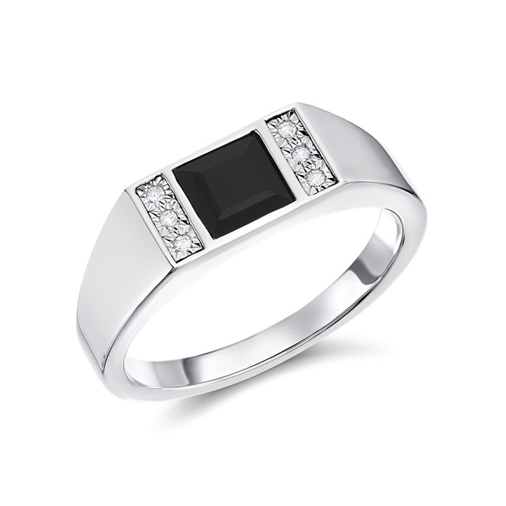 9ct White Gold Diamond And Onyx Signet Ring - R3717