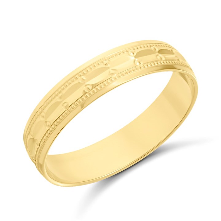 9ct 4mm Diamond Cut Panelled And Beaded Wedding Ring - R4358