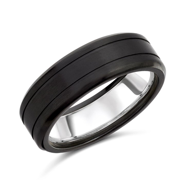 Zedd Zirconium And Silver Ribbed Wedding Ring - 7mm - R4908