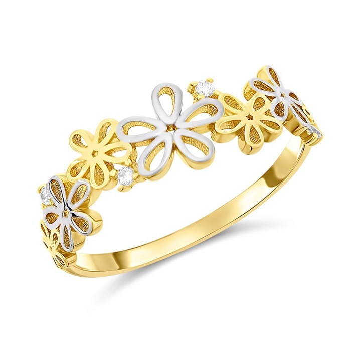9ct Gold Two Colour Floral Cubic Zirconia Ring - R5974
