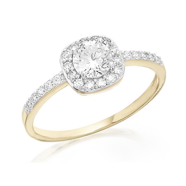 9ct Gold Two Colour Cubic Zirconia Cushion Halo Cluster Ring - R6521