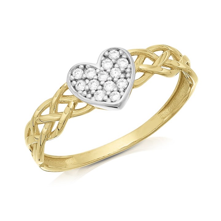 9ct Gold Two Colour Cubic Zirconia Heart Plait Ring - R6537