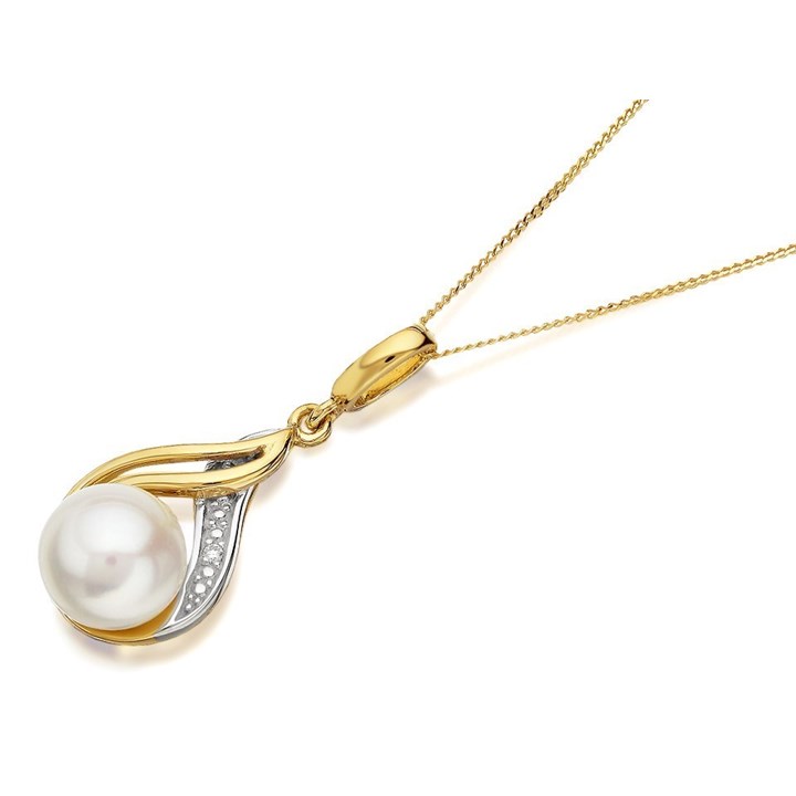 9ct Gold Two Colour Freshwater Cultured Pearl Diamond Necklace - R7745