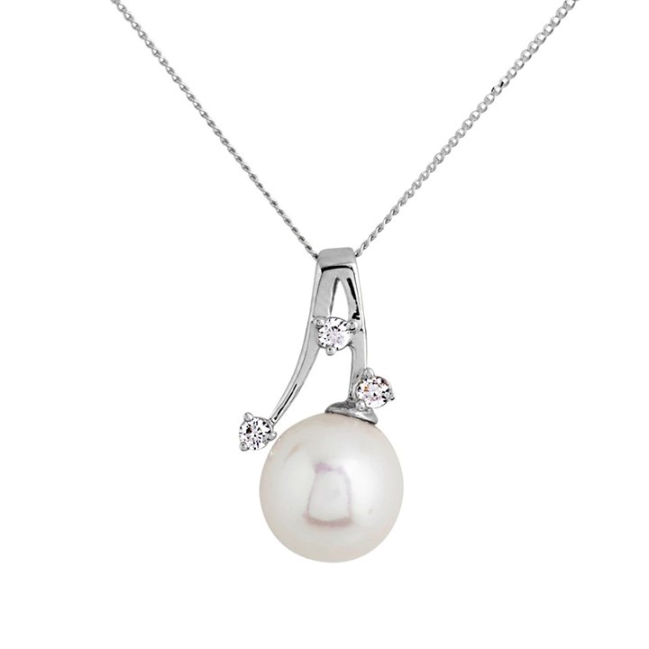 9ct White Gold Freshwater Pearl And Cubic Zirconia Necklace - R7775