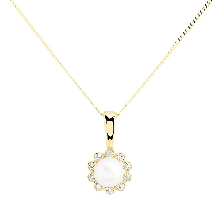 9ct Gold Diamond And Freshwater Pearl Necklace - 5pts - R7778